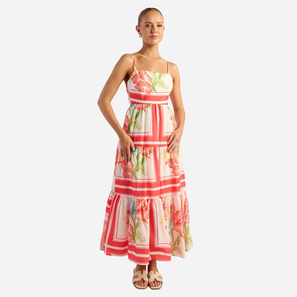 Lucie Tie Back Floral Maxi Dress with a red and white floral and stripe print.
