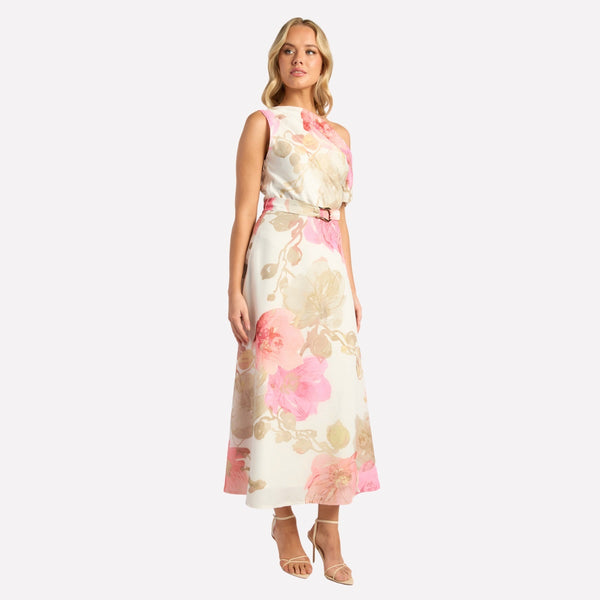 The dress has a fitted bodice, belted waist and a midi length skirt.