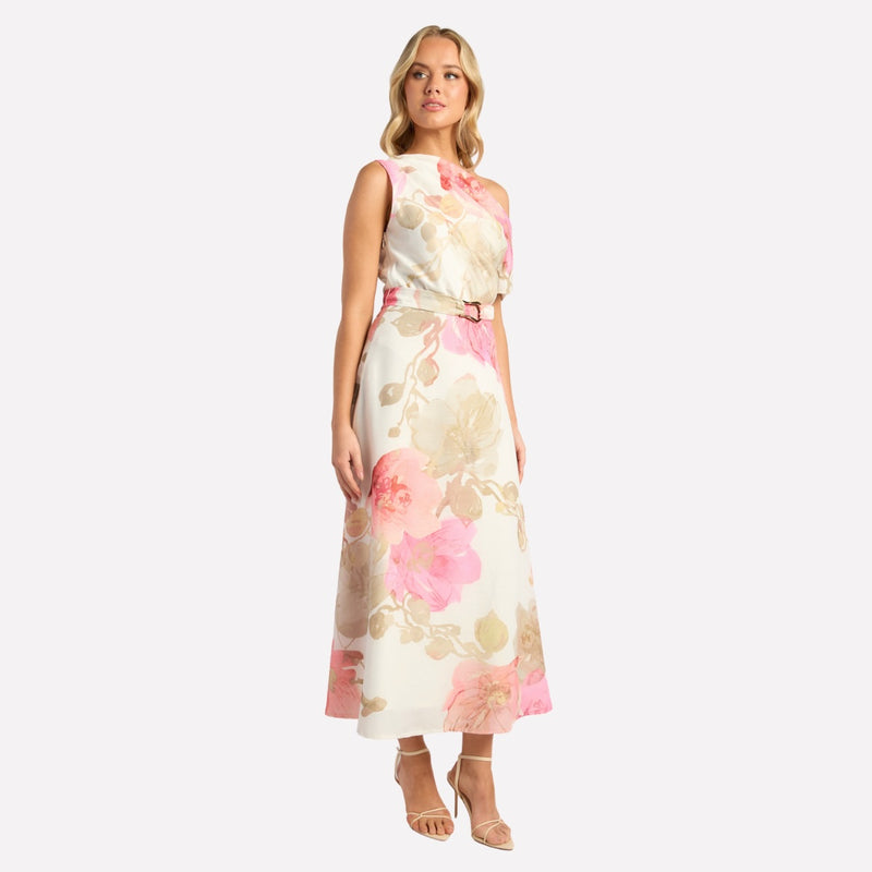 The dress has a fitted bodice, belted waist and a midi length skirt.