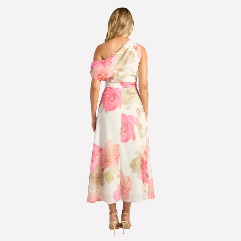Back view of the dress - which has a draped effect exposing one shoulder.