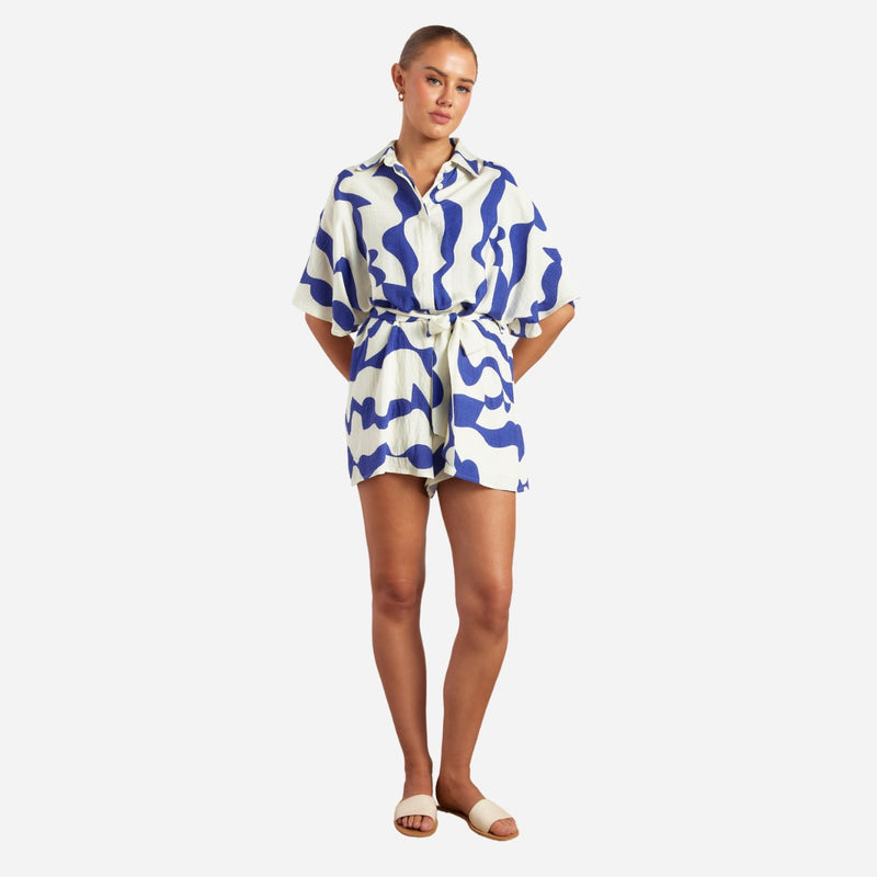 Orlando Playsuit in a cobalt and white wave print.