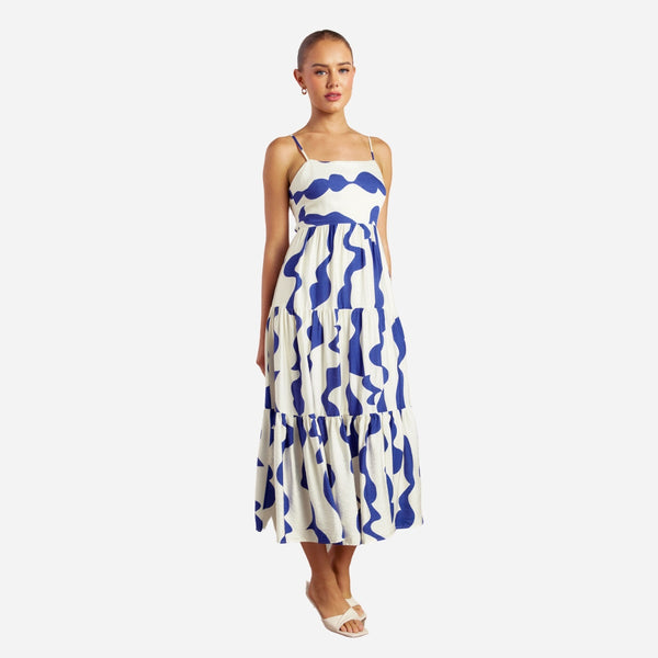 Orlando Tie Back Midi Dress in a cobalt and white wave print.