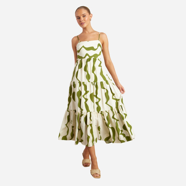 Orlando Tie Back Midi Dress in a green and cream wave print