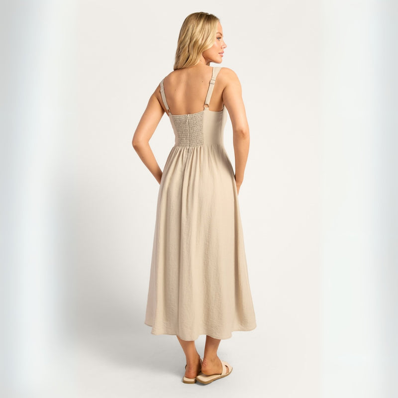Back view of the dress - it has a shirred panel and an invisible back zip.