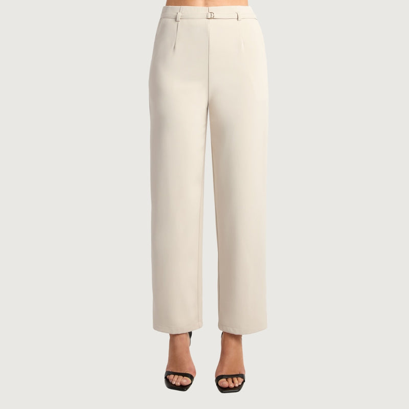 These pants have a tapered leg, flat waistband with thin 'D' ring self fabric belt.