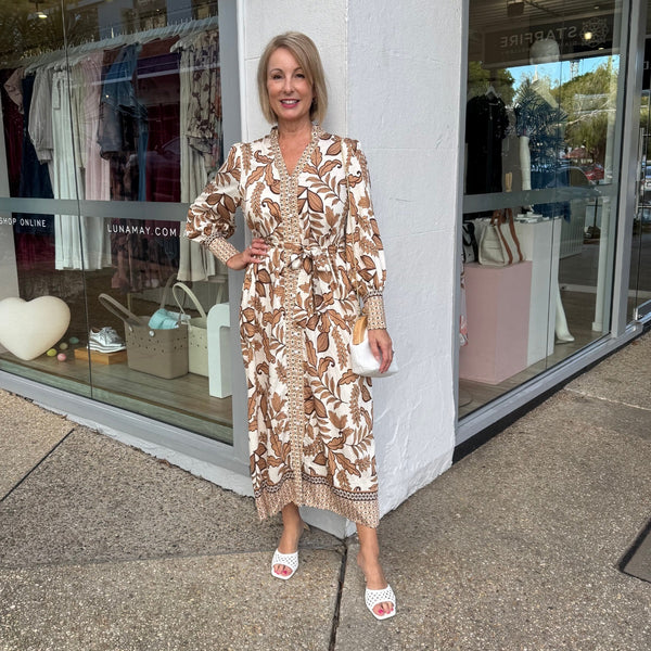 Acacia Shirt Dress in a brown and cream leaf print.
