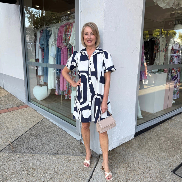Our Joey Dress has a fab navy and white abstract print.