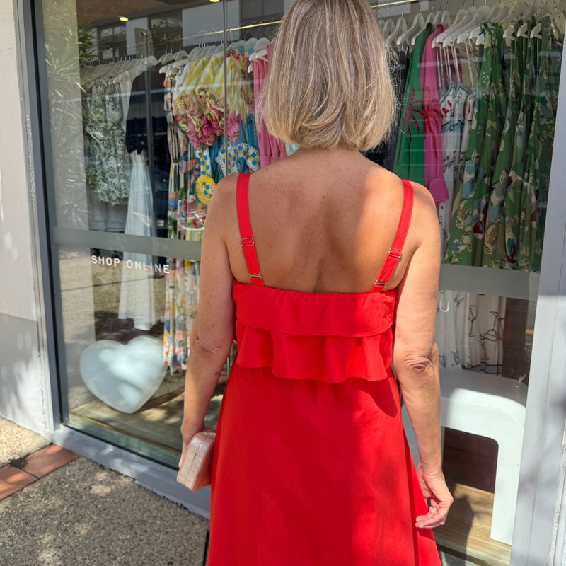 Upper back view of the dress - it has frill accents across the back.