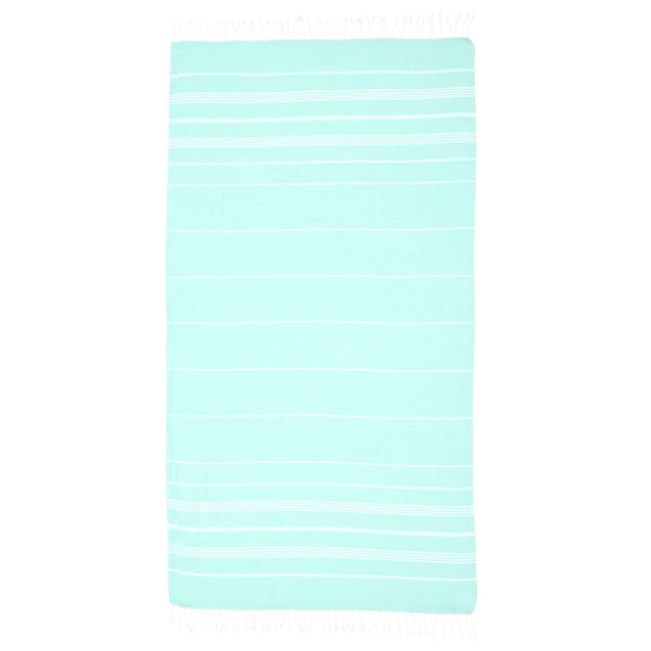 This turkish towel has aquamarine and white stripes and white tassels on the edge