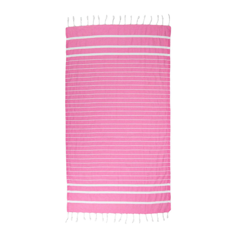 The towel has pink and white stripes and features white tassels on the edge