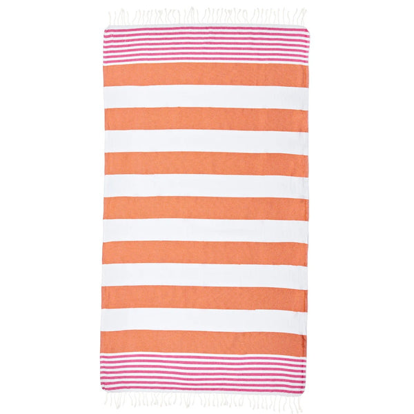 The turish towel has orange, white and pink stripes and features white tassels on the edge