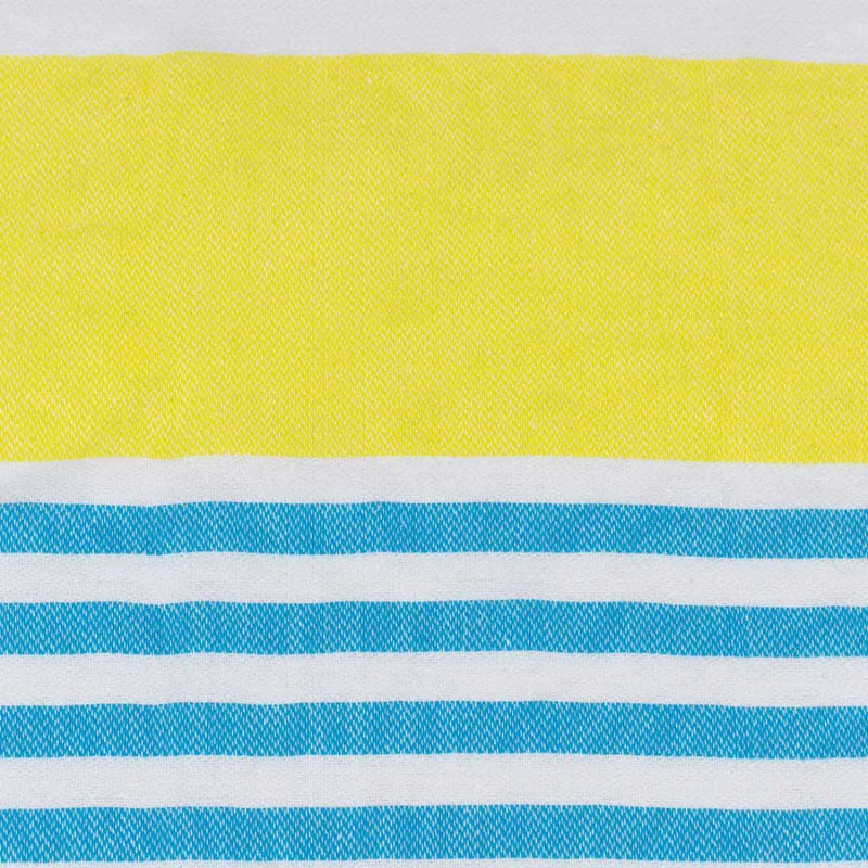 Close up of the yellow, white and blue stripes