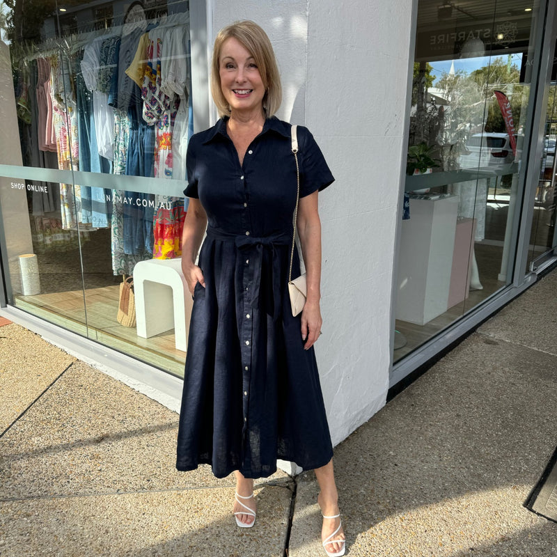 Elowen Linen Shirt Dress in a navy colour