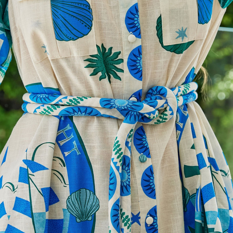 Close up of the self fabric tubular rope waist tie.