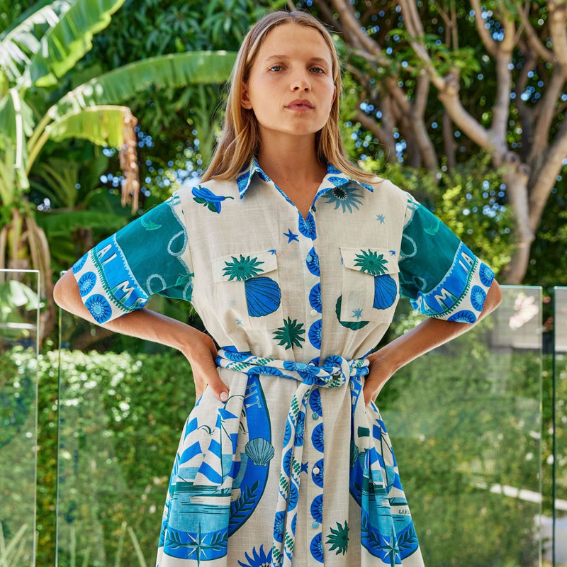 Close up of the bodice area showcasing the functional chest pockets with fold over flap.