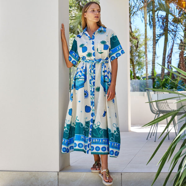 In a typical shirt dress style, this dress has a vacay inspired print.