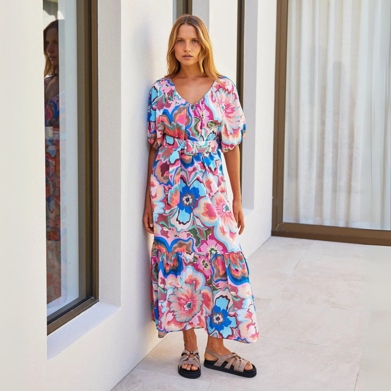 Our Hawaii Floral Maxi Dress has an exclusive and colourful bold floral print in pink, blue, green, orange tones.