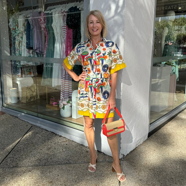 Portofino Dress with a colourful vacay inspired print.