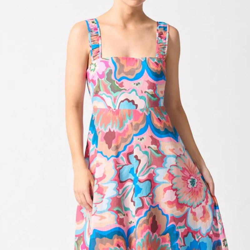 close up of the bodice area - featuring a square neckline, wide shoulder straps.