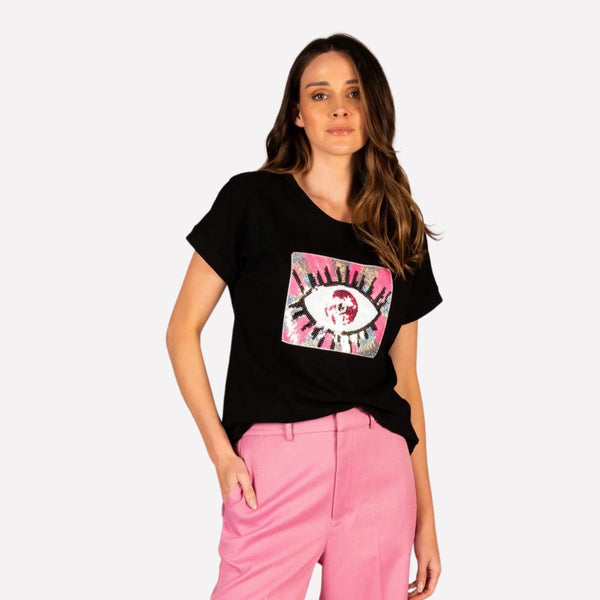 We Are The Others Jade Relaxed Tee in black with a bold sequin eye on the front (pink, grey, black)