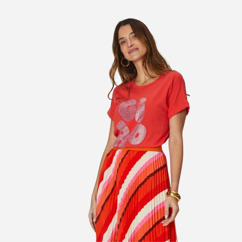 This red/orange short sleeve tee has silver sequin detailing on the front.