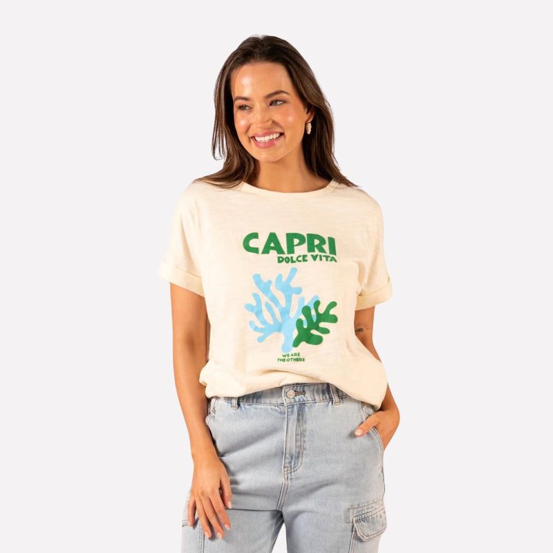 Jade Relaxed Tee with a Capri print on the front