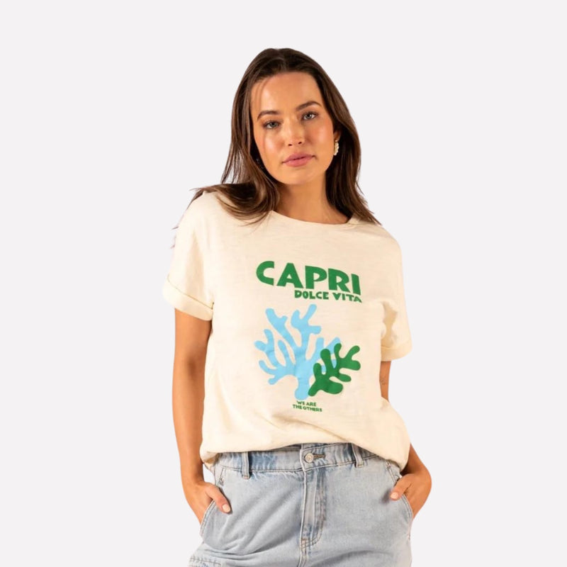 This cream coloured tshirt has a fun Summer print on the front in green and blue