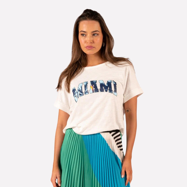 Jade Relaxed Tee in a vintage white colour with Miami printed across the front