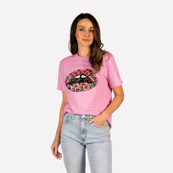 Lana Vintage Tee with sequin animal print lips in pink and teal