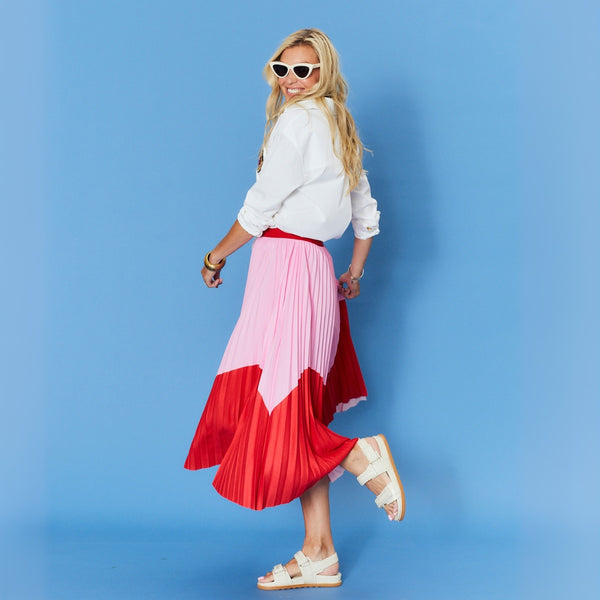 Side view of the skirt - it has an elasticated waist (red) and looks fab with our Chloe Shirt.