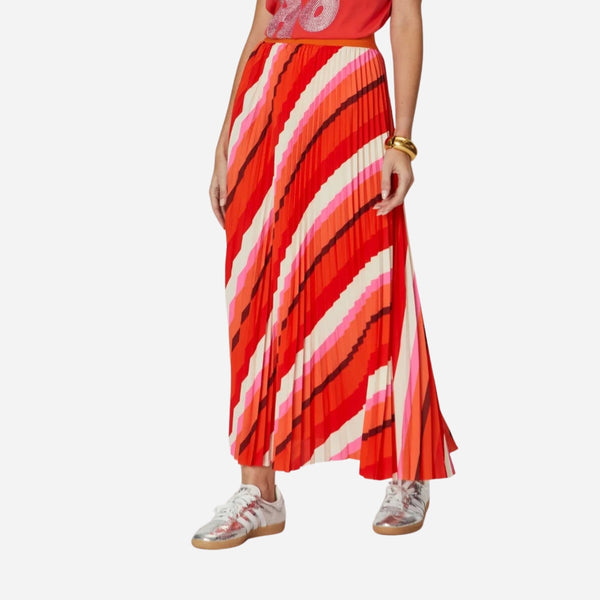 Simone Pleat Skirt with red, pink, white and burgundy stripes.