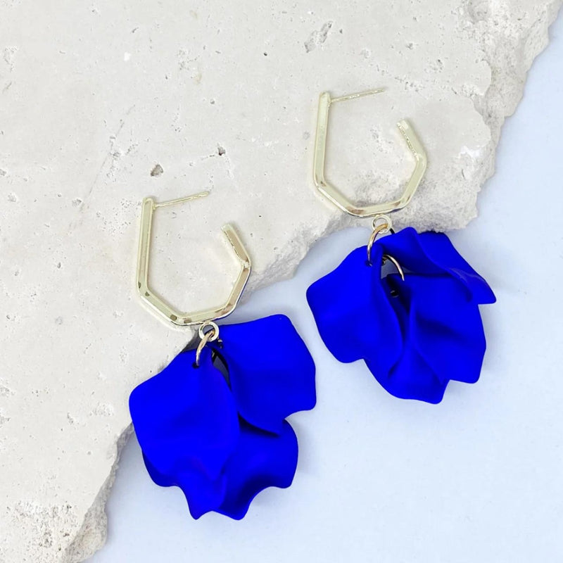 April Petal Earrings in electric blue with a gold hexagonal hoop