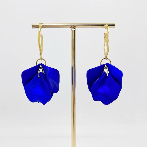 Louisa Petal Earrings with a brushed metal gold hoop and electric blue petals