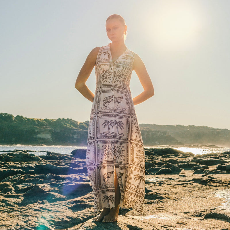 Kohana Sleeveless Shirt Dress with a tropical inspired print in white and brown