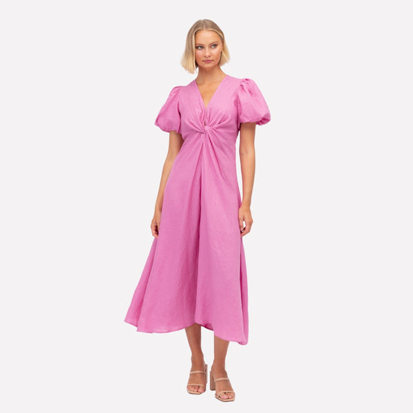 Mae Twist Linen Midi Dress in a musk pink colour
