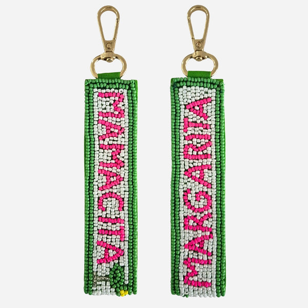 Beaded Mamacita Key Chain - it has 'margarita' on one side and 'mamacita' on the other side. Green, white and pink beads.