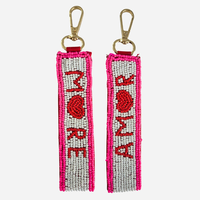 Beaded More Amor Key Chain. It has 'More' on one side and 'Amor' on the other side.
