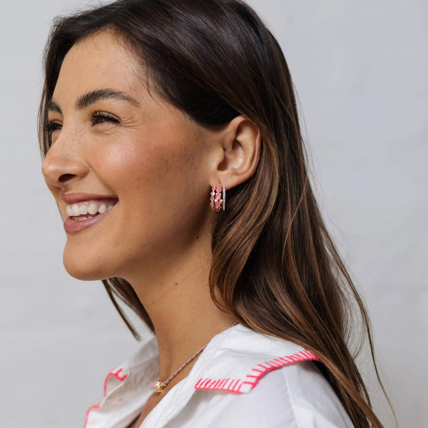 Enamel & Diamante Hoop Earrings (Pink)