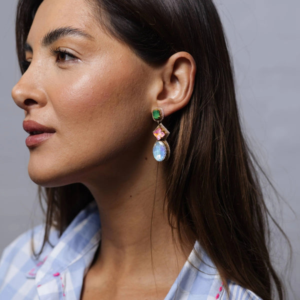 Statement Gem Earrings 35814. These drop earrings have a green, pink and blue glass jewel.