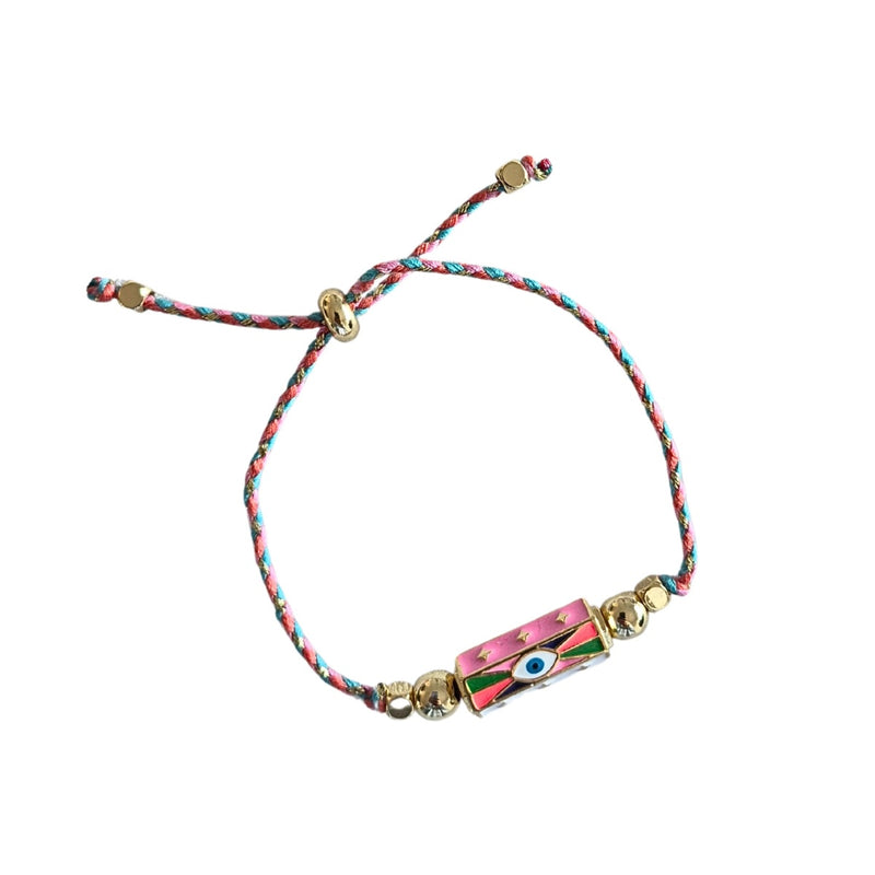 Zoda Cord Bracelet with a plaited pink and blue cord. It also has a rectangle shape multi-coloured Pink Eye charm.