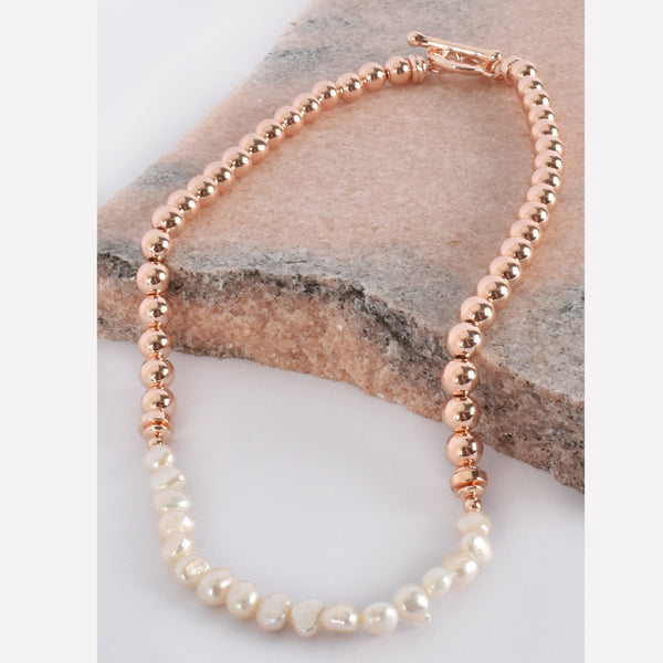 Metal Ball & Pearl Front Necklace (Rose)