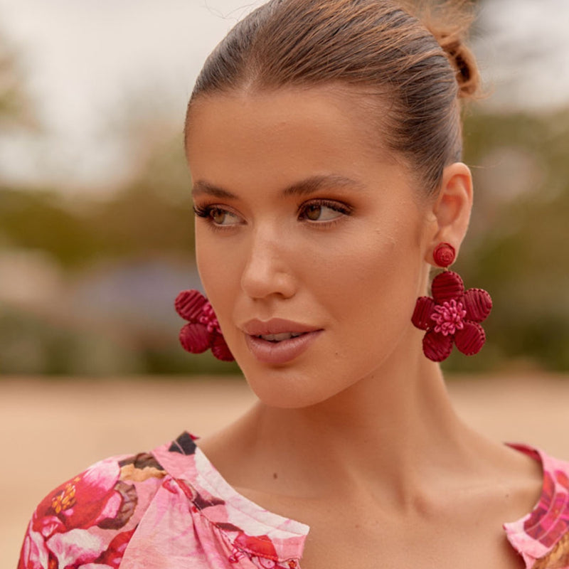 Statement Woven Floral Earrings in magenta