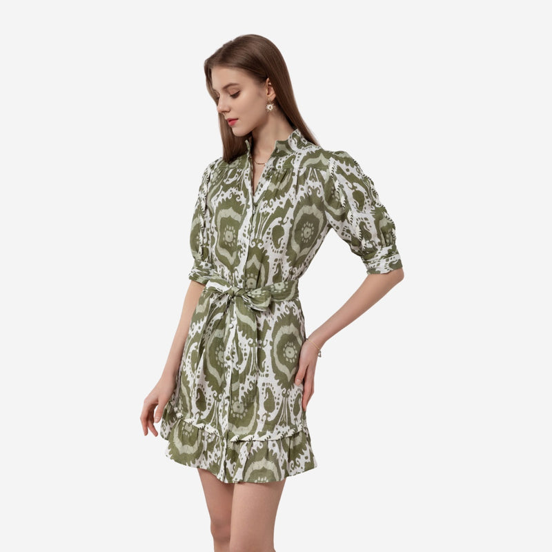 Abyss Linen Dress with a bold print in khaki and white