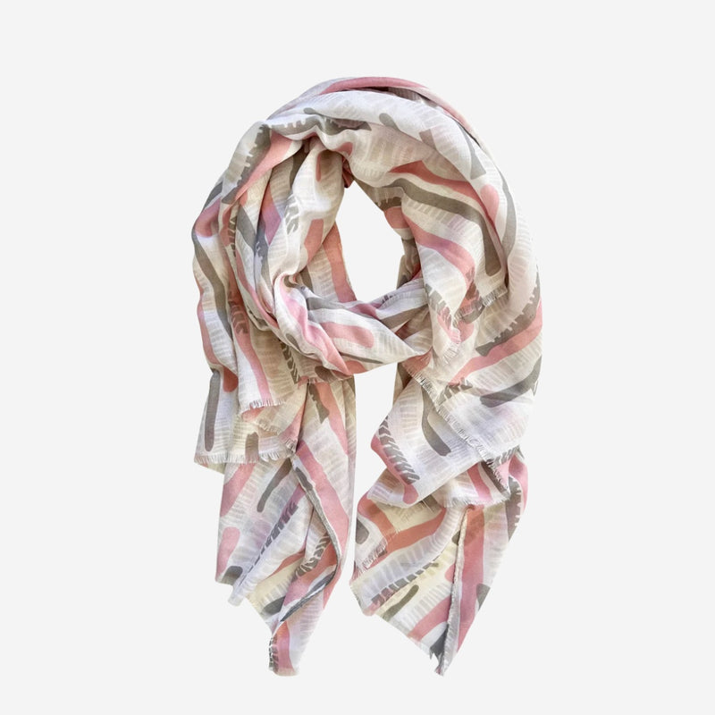 Casa Scarf with an abstract matchstick print in pink, grey and white